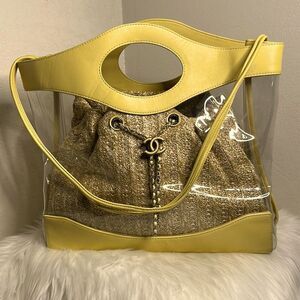 💯Authentic Chanel  PVC Yellow Leather Raffia Shopping Tote🍀